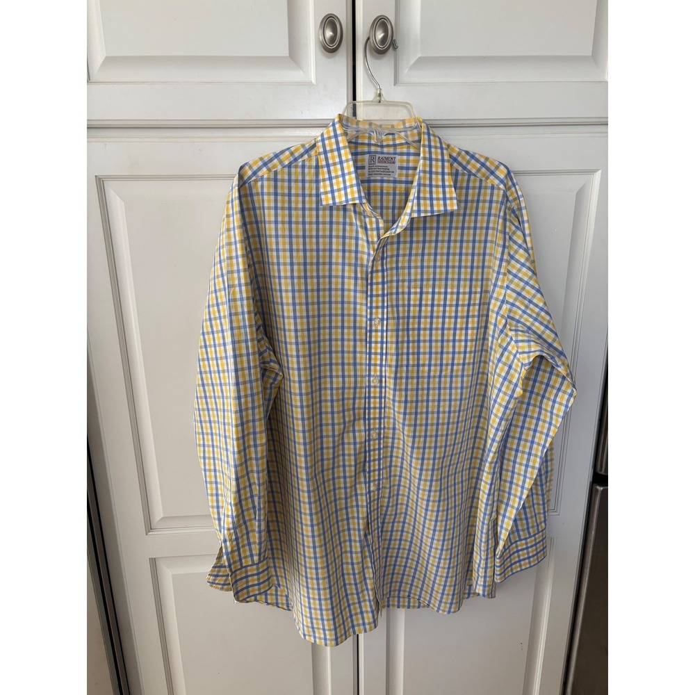 Raiment Custom Tailors Yellow Blue Gingham Plaid Button‎ Down Shirt Long Sleeve